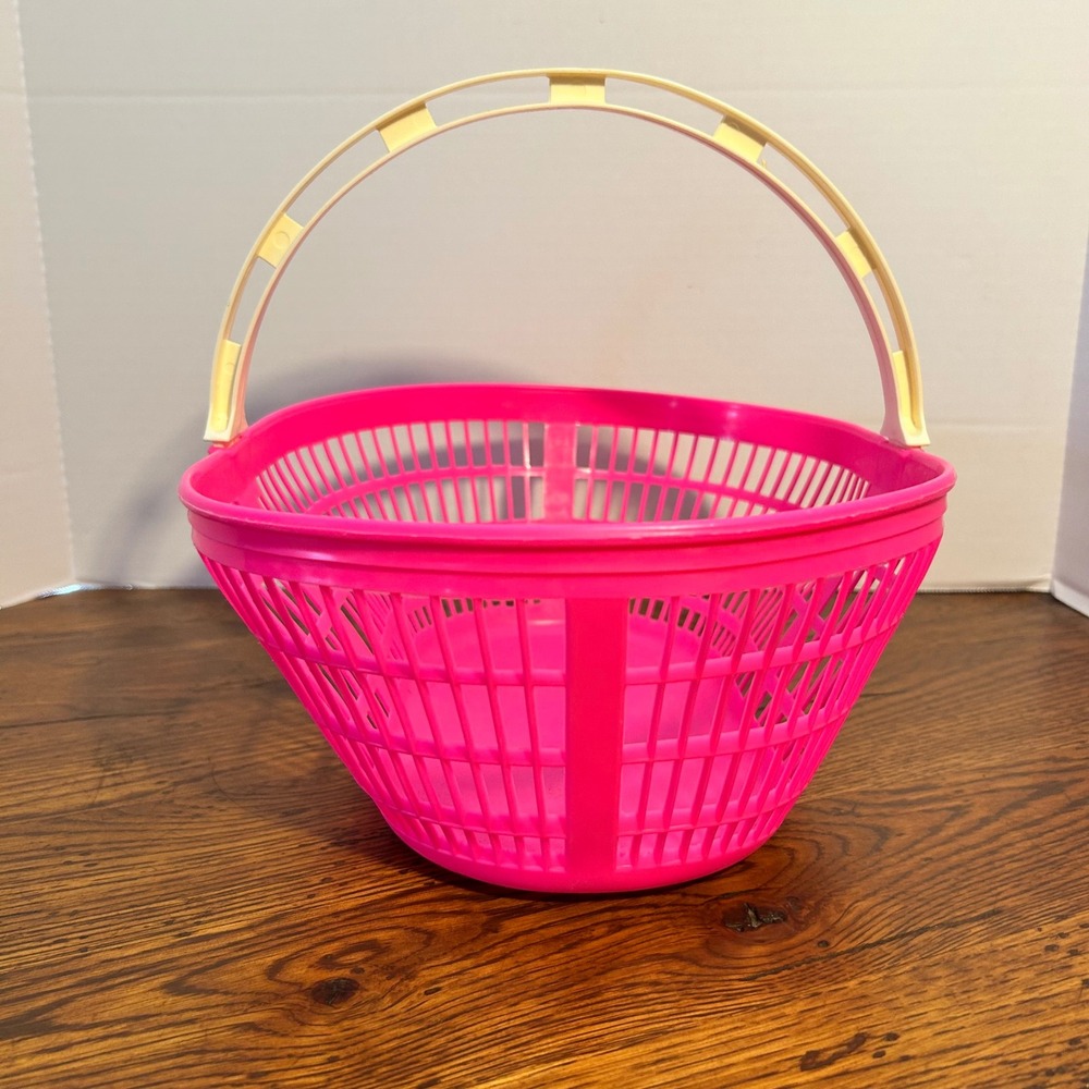 Vintage Neon Hot Pink Plastic Easter Basket with Cream Handle 12.5 Inch - Picture 2 of 6